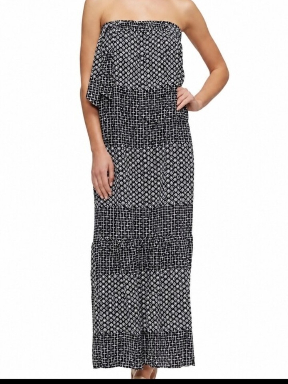 Boho Tiered Strapless Maxi Dress Navy Blue &  White Geometric Geometric Print S